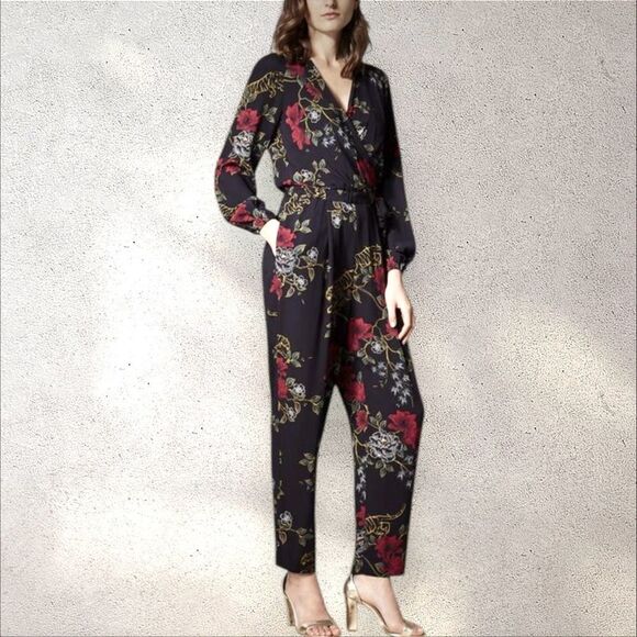 Karen Millen Faux Wrap Jumpsuit Black Tropical Floral Print Long Sleeves US 2 - Picture 1 of 14